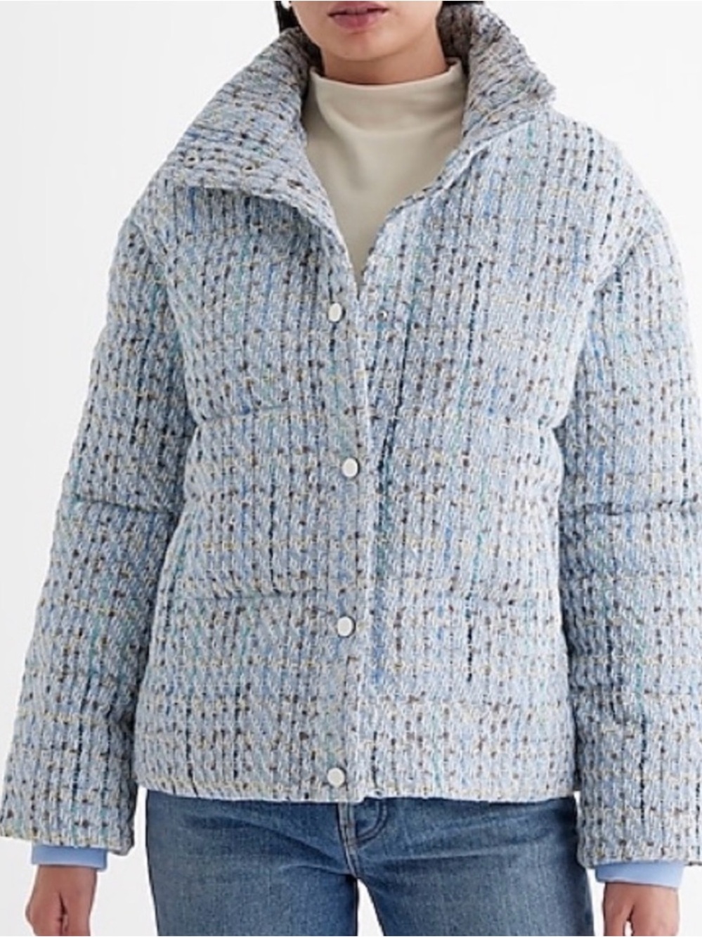 Express Light Blue Tweed Puffer Jacket